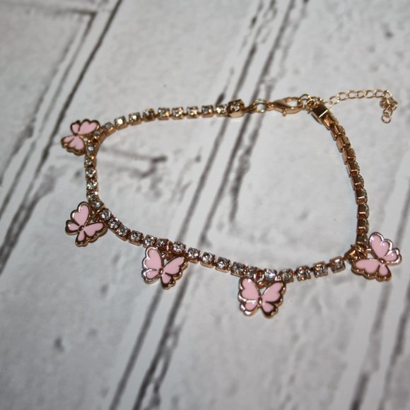 Beautiful gold, rhinestone and butterfly charm ankle bracelet 9-11" - Picture 3 of 4